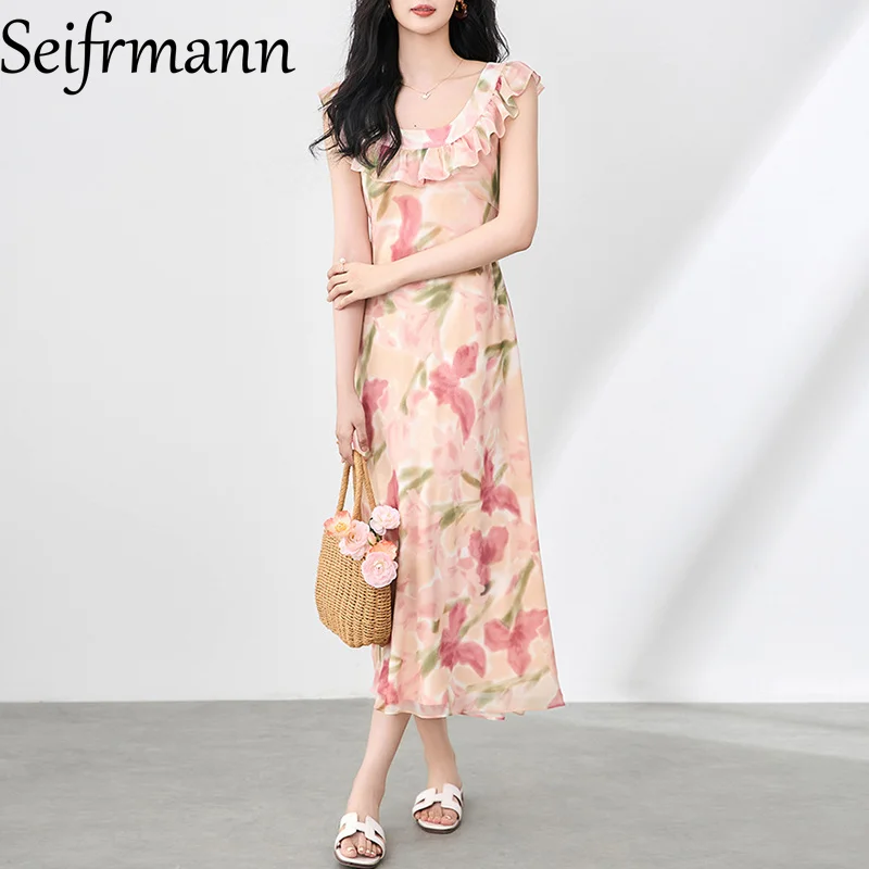 Seifrmann Abito lungo da donna alla moda con stampa floreale senza maniche con bordo a balze Splicing Abiti da ballo casual a vita alta