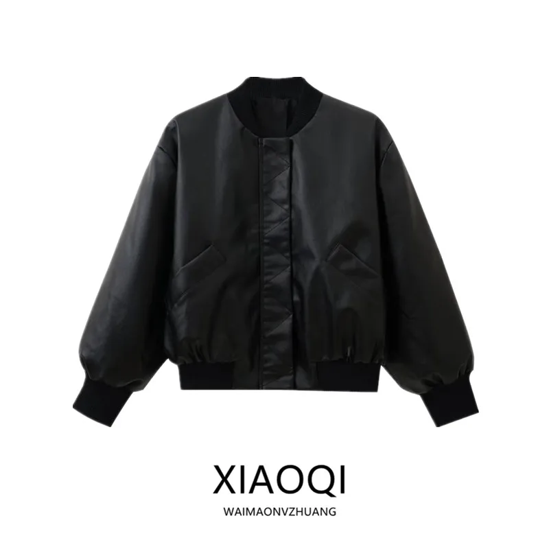 Shoulder Padded Leather Effect Pilot Jacket Outerwear New Autumn 2026 Women's Fashion Commute Style High Waist Short Length