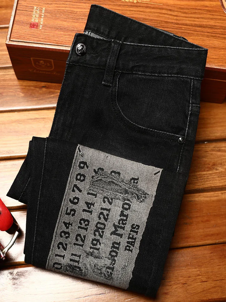 High end trendy printed jeans for men with elastic slim fit and small feet, personalized Korean version of youth casual denim Lo