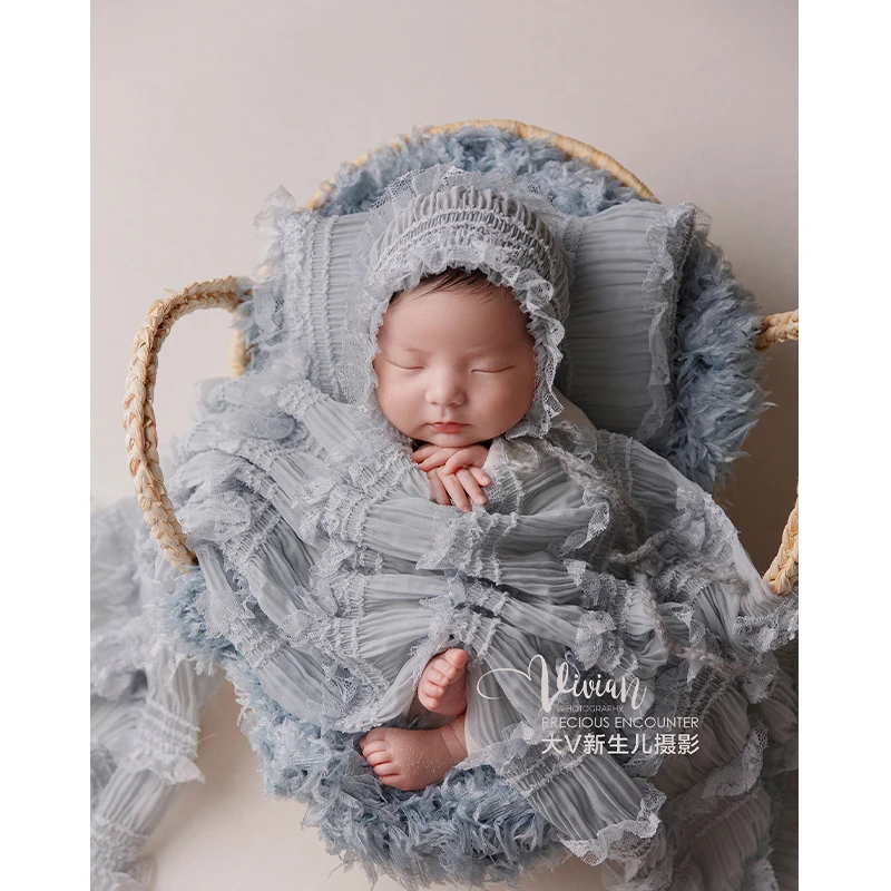 Newborn Photography Props Autumn Winter Baby Stretch Swaddle + Headpiece + Lace Three-Piece Set Photography Pose Basket Props