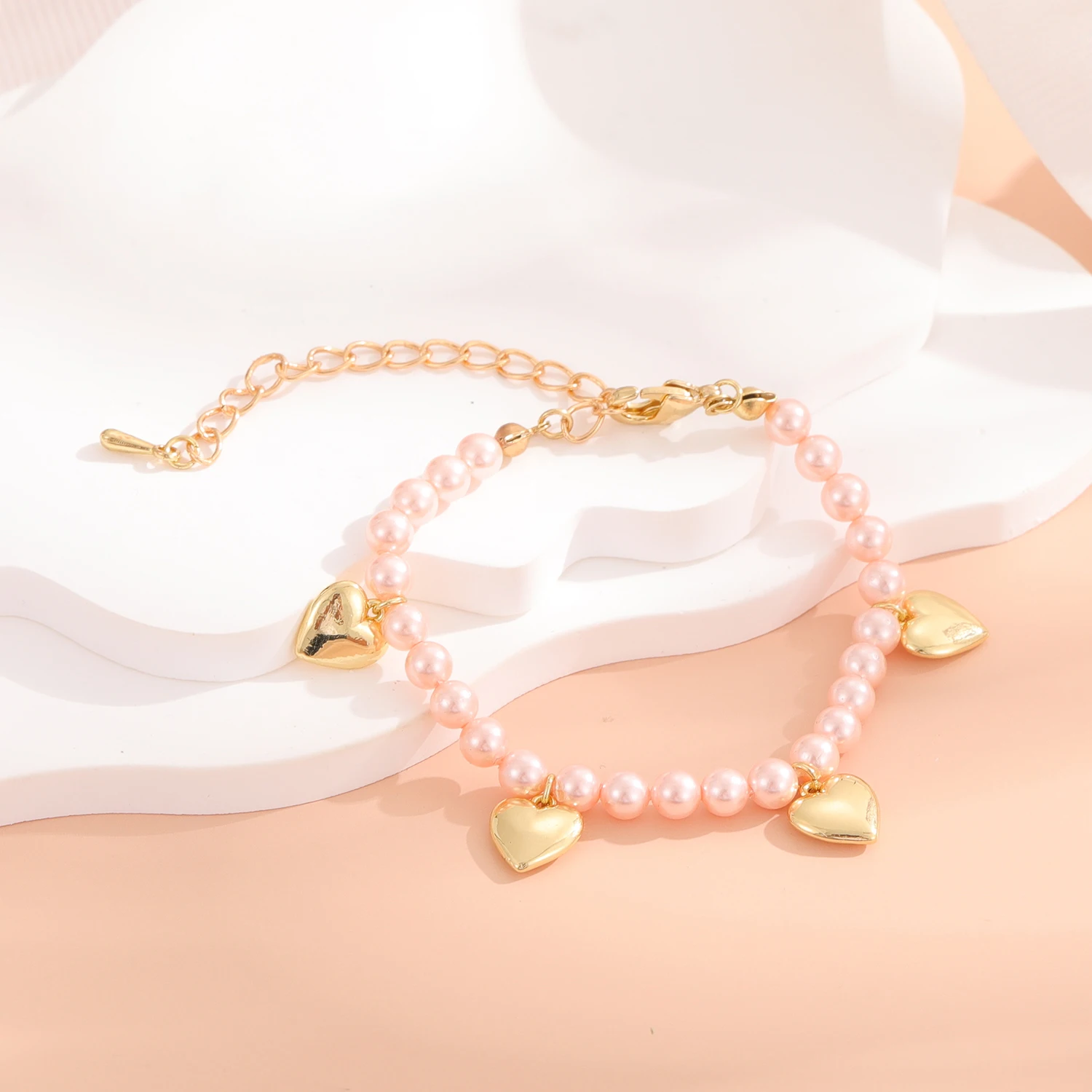 Gold Pink Beads With Heart Hamdmade Bracelet for Kids Fashion Accessories Holiday Gift