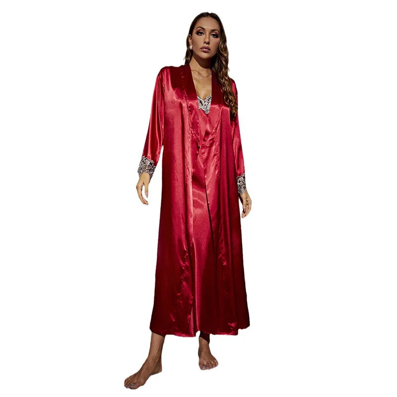 Twinset Robe Set Womens Sexy Satin Kimono Bathrobe Gown With Chemise Nightwear Lace Lingerie V-Neck Summer New Sleepwear