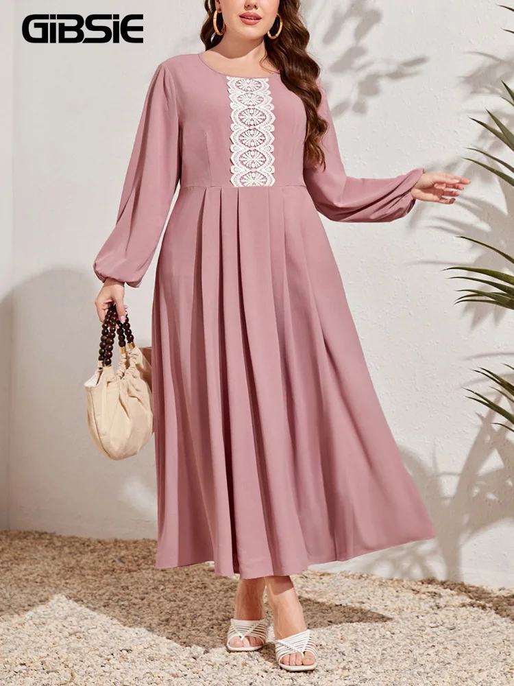 GIBSIE Plus Size Contrast Lace Pleated Long Dress Women 2026 Spring New High Waist O-Neck Long Sleeve Elegant Big Swing Dresses