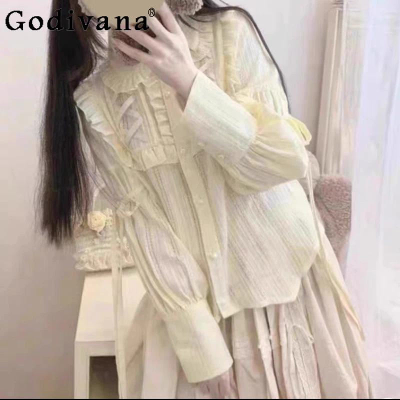 

Элегантная нижняя рубашка в стиле Лолиты в стиле ретро в стиле китайской Лолиты, весна-лето, тонкий модный универсальный топ на шнуровке с длинными рукавами, уменьшающий возраст