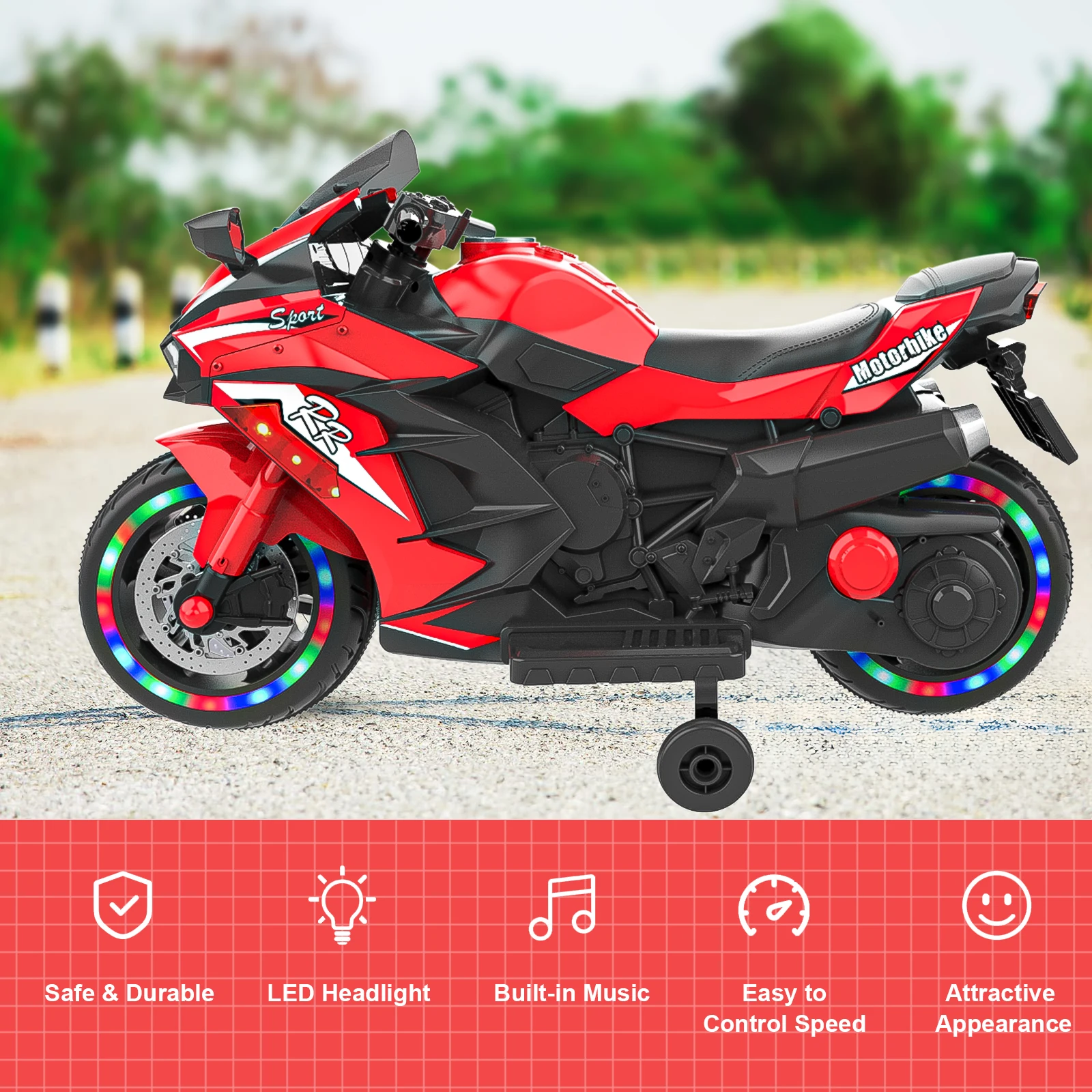 

12V Electric Motorcycle for Kids Powered Toy Motorcycle, Child Motorcycle Ride On with Light Wheels and Bluetooth Music Red