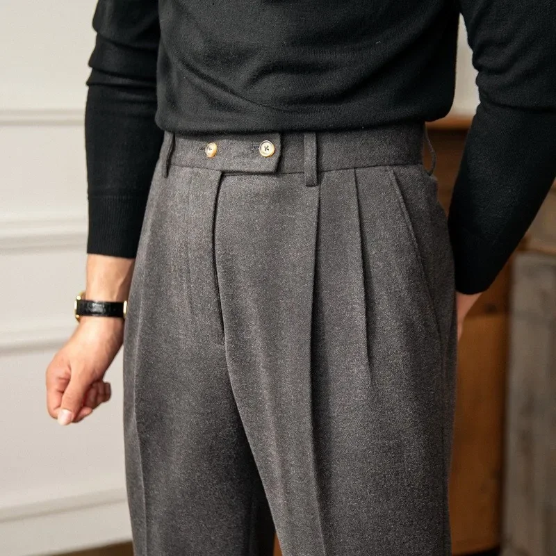 2025 Autumn Winter New Men High Waist Woolen Straight Leg Casual Trousers Warm Draping Solid Color Versatile Suit Pants