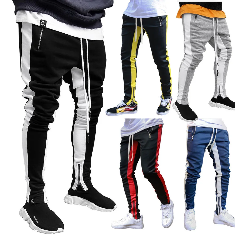 Men Sweatshirts Jogging Pants Men Casual Pants Men Stylish Color Block Zip Pockets Drawstring Sports Skinny Pants Trousers Pants