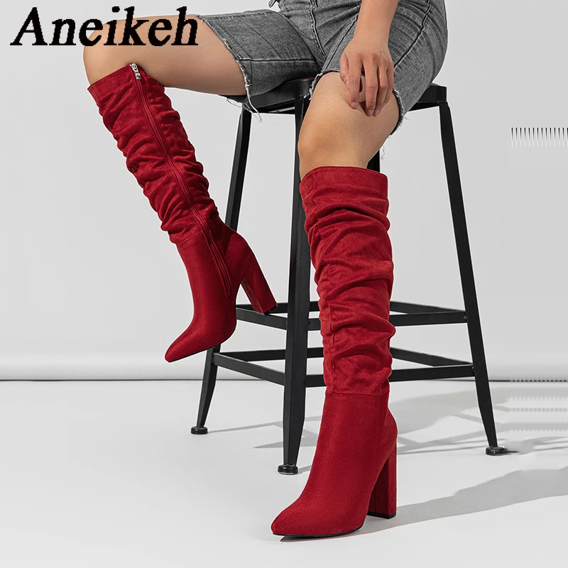 Aneikeh-Bottes western à couture plissée floquée pour femme, bottes hautes au genou, talon optique pointu, fermeture éclair, élégantes, fête et mariage, hiver 2024