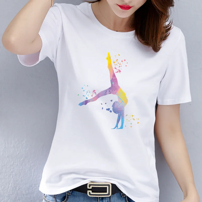 Best-selling Women's Dance Gymnastics Round-neck T-shirt, Short-sleeved T-shirt, Cartoon Casual Fashion Base Shirt  polyester