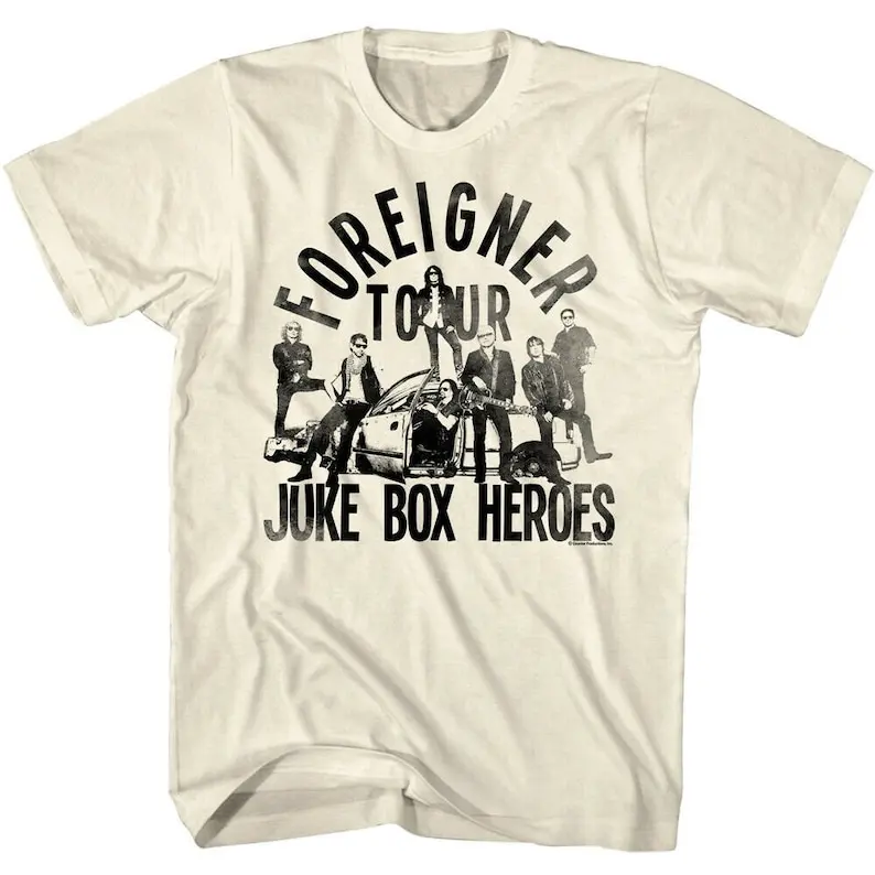 Foreigner Men's T-Shirt Juke Box Heroes Tour Distressed Graphic Tee Vintage Rock Band Live Concert Music Merch