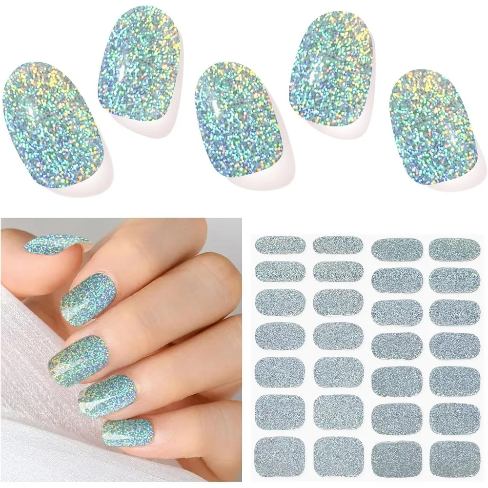 Semi Cured Gel Nail Strips, Silver Glitter, Compatible with UV Lamps, Long-Lasting Nail Wraps for Women