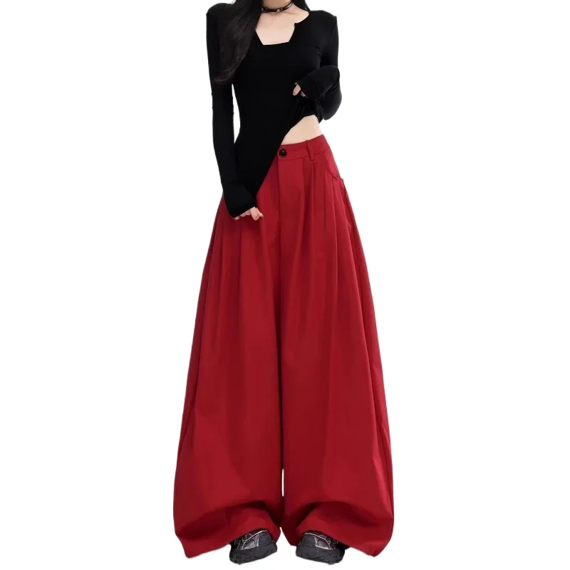 Dopamine Chinese Red Laid-back Wide-leg Pants Spring/Summer New Thin High-waisted Loose Drape Trendy Casual Floor-length Pants