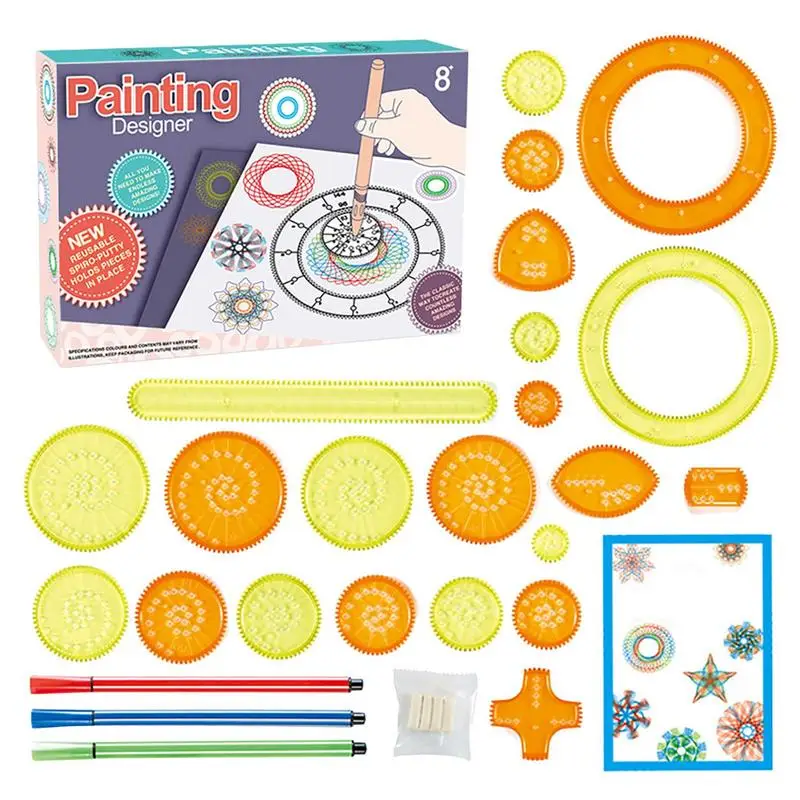 27Pcs Spirograph Drawing Toys Set Interlocking Gears Wheels with Pens Spiral Designs Painting Accessories Geometric Ruler Toy