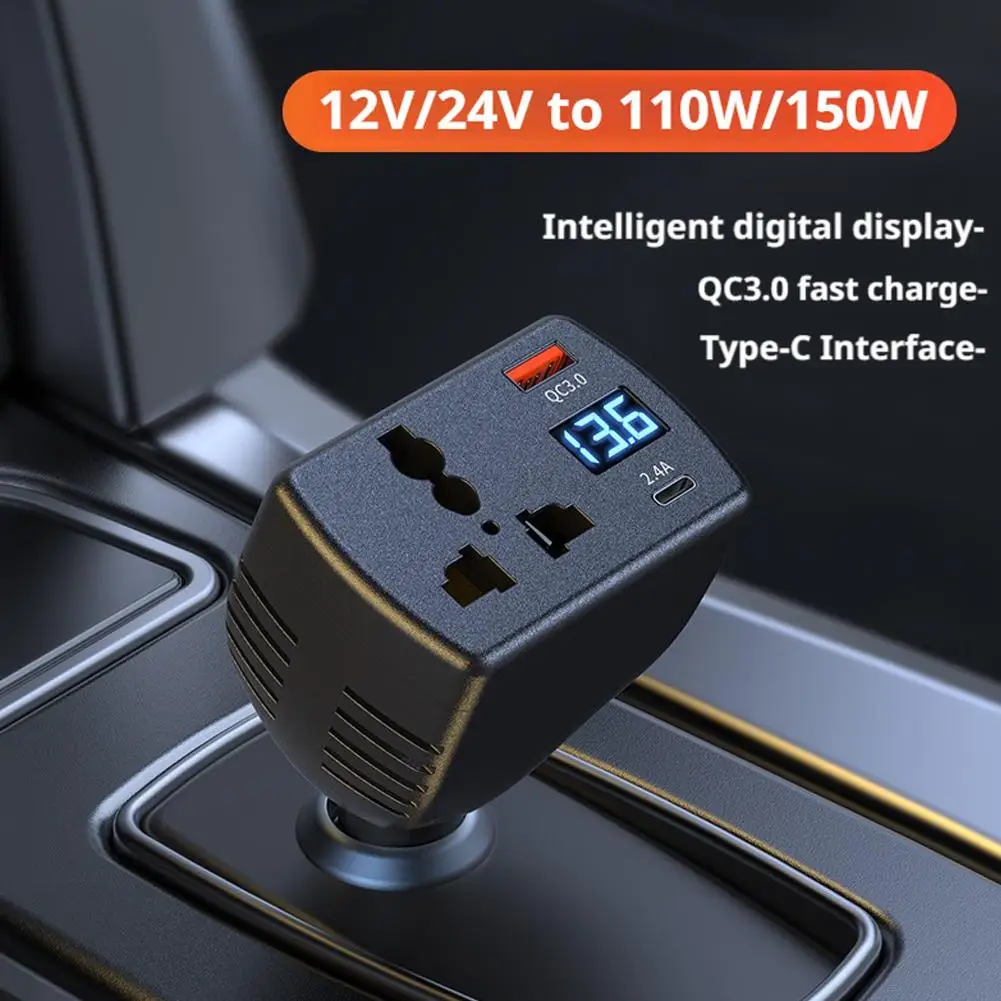 150W Car Power Inverter 12V/24V To 220V Converter Multi-function Digital Charger Socket QC3.0 Fast Charger Car Power Converter