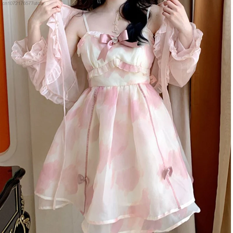 French Sweet Fairy Pink Dress For Women Trendy Chic And Elegant Woman 2 Pieces Set Lolita Dress Summer Girl Birthday Dress Gift