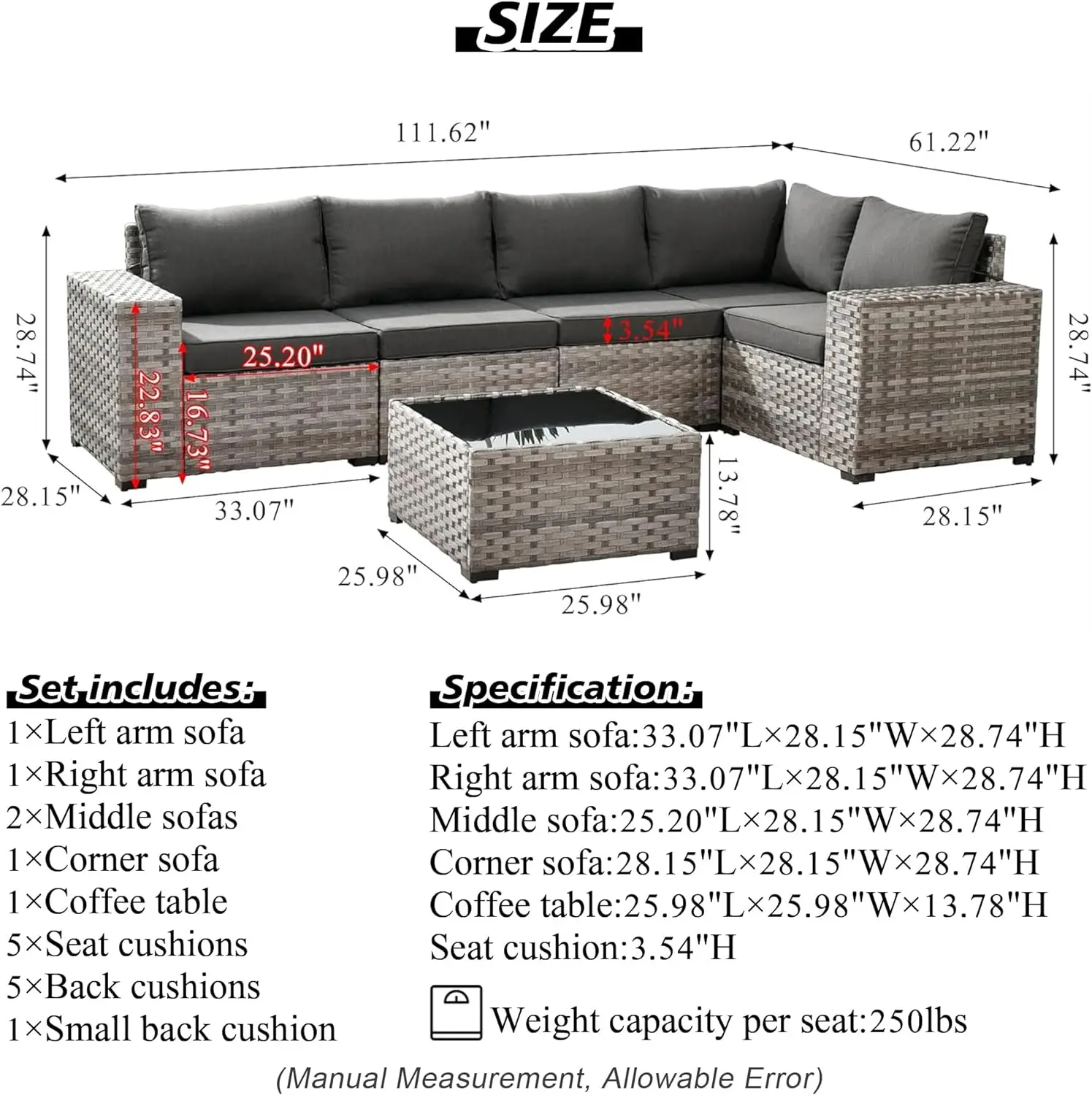 Modular Patio Outdoor Sectional Furniture Set,6 Piece Wicker Conversation Sofa Set,Out Door Couch Set with Wide Arm