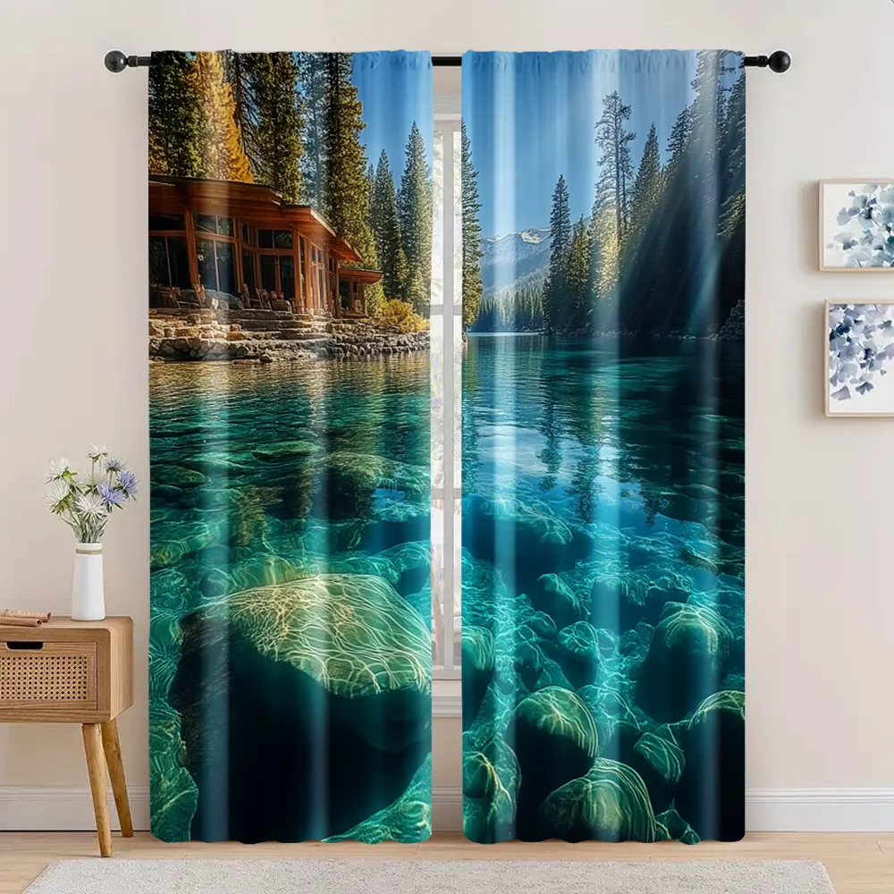 

2pc, Window Drapes Scenic Lake Forest Durable 100% Polyester Fabric,Without Electricity Birthday Party Suitable for