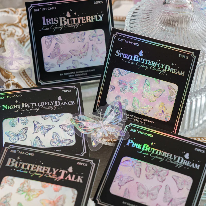 20 Sheets PET 3D Holographic Silver Butterfly Sticker Pack, Shiny Glitter Butterflies, Journal Diary Collage Decor Material