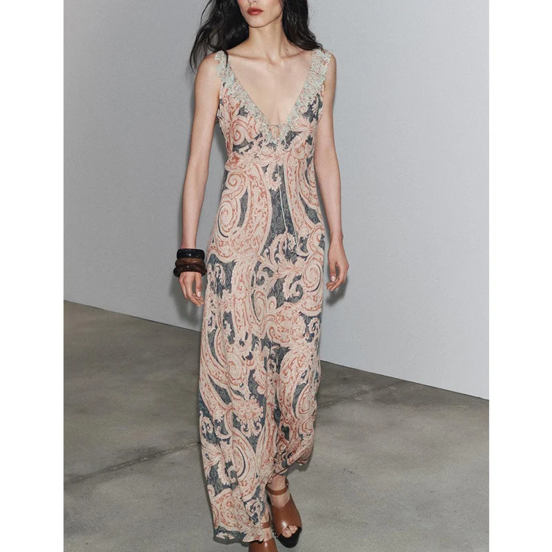 Verão feminino dr em camadas decoração v-ne scela a linha bainha impressão roupa interior sle dr ele cintura alta saia longa