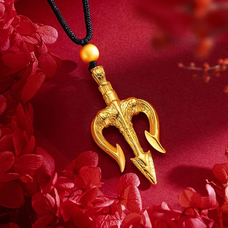 

9999 Real Gold 24K Neptune Trident Necklace Pendant Gold Male Domineering Personality Poseidon Harpoon Trident Pendant