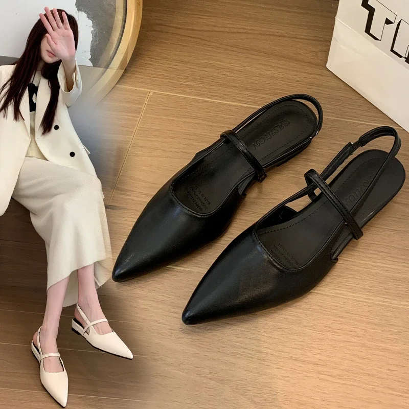 French Retro Style Pointed Sandals Women's Shoes 2024 Summer One line Belt Back Air Flat Bottom Women's Single Shoes