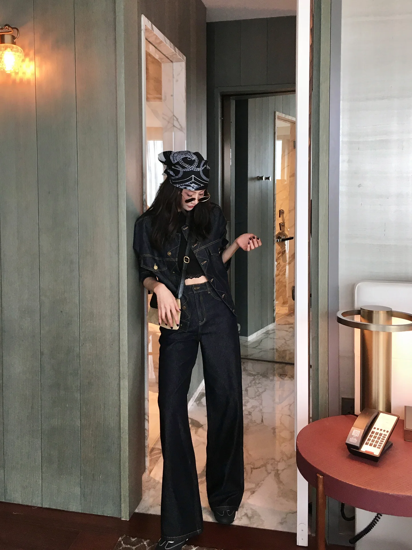 

Dragon Joy Vintage Denim Original Color Women's Set with Stand Collar Denim Jaet Straight High Waist Long Pants D073