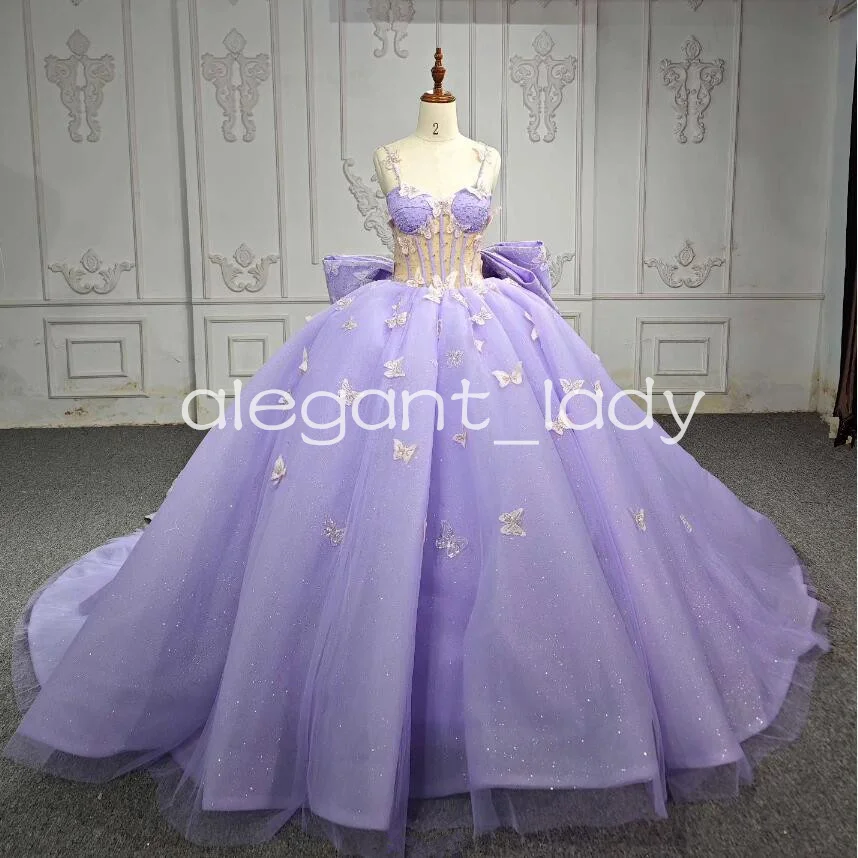 Lilac Lavender Princess Quinceanera Dresses Luxury Butterfly Train Big Bow Back Corset boned prom bestidos para 15 años