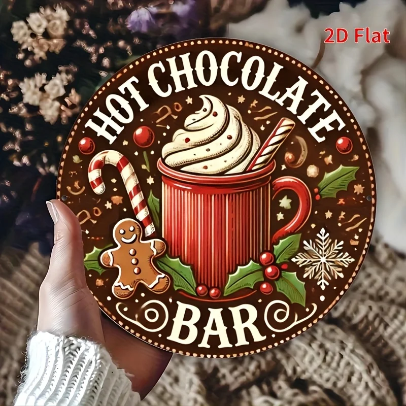 2D Flat, 1pc Vintage Hot Chocolate Metal Sign - 8x8 Inch Round Iron Wall Decor with Gingerbread & Candy Canes, Perfect for Home,