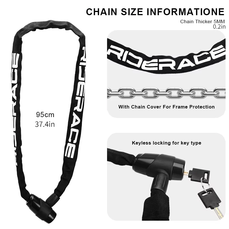 RIDERACE Bicycle Chain Lock Portable Anti-theft High Security MTB Mountain Bike Lock With 2 Keys For Scooter Electric E-Bike