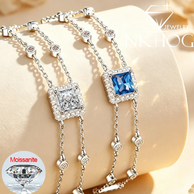 NKHOG 1CT 5.5mm Blue Moissanite Bracelet Woman Certificate 925 Sterling Silver Square Double Chain Adjustable Wedding Jewelry