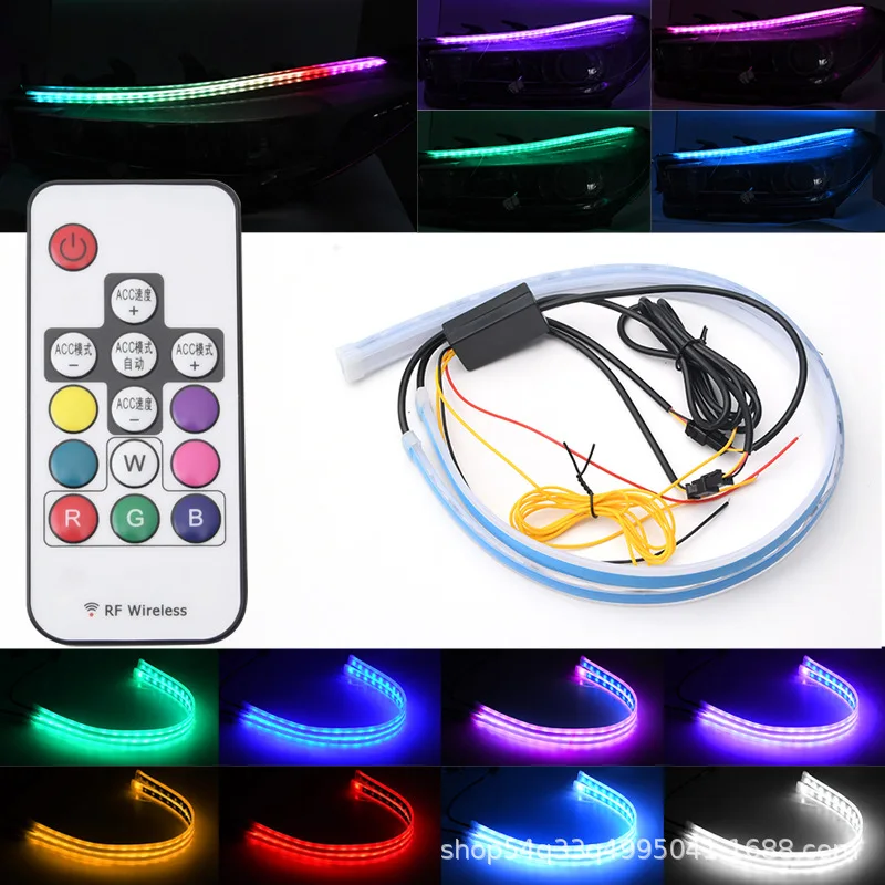 2Pcs 60CM 24in RGB Flexible LED Headlight Strip Decorative Lamp Turn Signal Lights Alarm Signal Lamp Guide Strips Shadow Styling