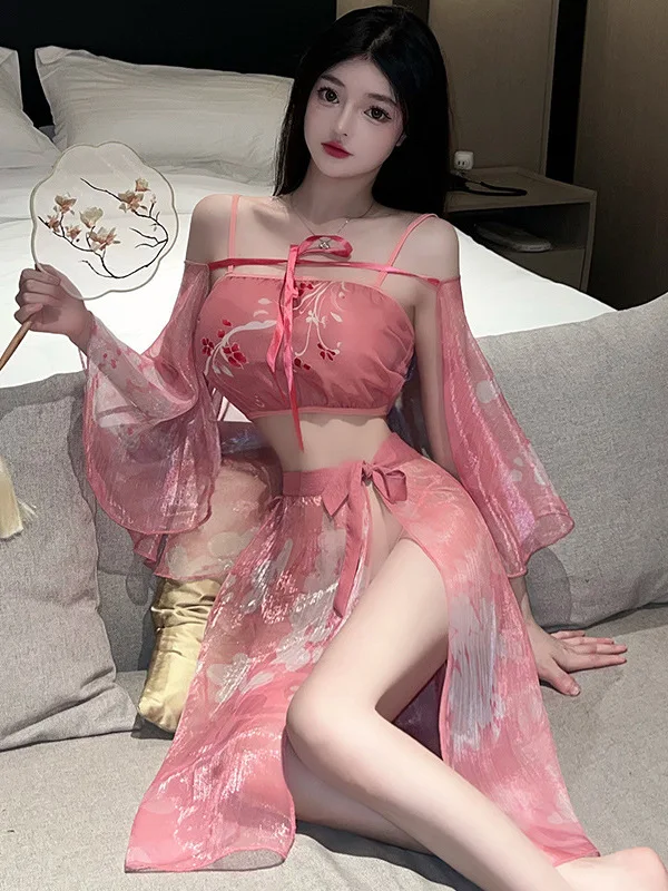 Estilo antigo sexy hanfu uniforme vestido elegante doce malha renda pura transparente rosa quente sexy coreano feminino topos 2023 gy3j