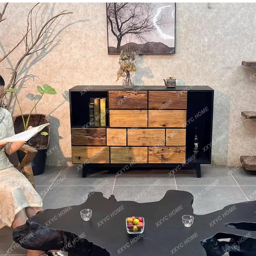 

Wabi Sandy Wind Solid Wood Dining Side Contrast Color Bucket Cabinet Storage Medieval Entrance Homestay Living Room