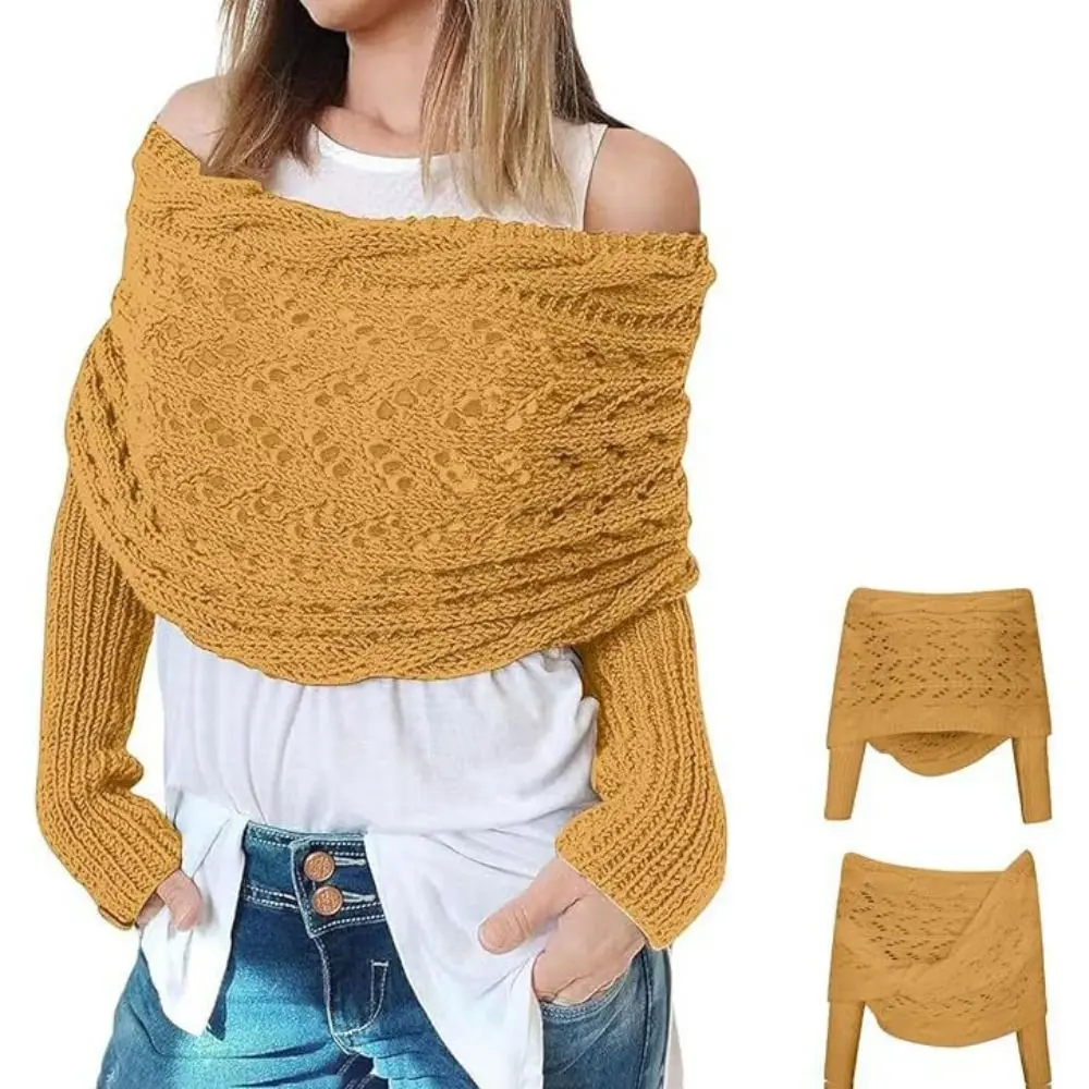 Elastic Hollow Knitted Shawl Women Cross European Style Wrap Scarf Ladies Top Solid Color Crochet Sweaters Women