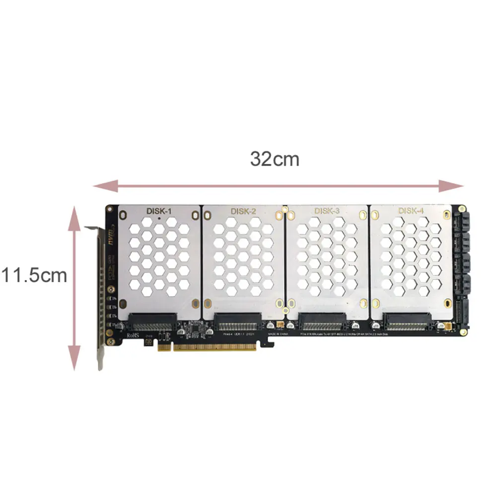 Tarjeta adaptadora SATA SSD de 4 puertos U2 NVME de 2,5 pulgadas, placa base compatible con PCIe X4x4x4x4 bifurcación U.2 a tarjeta PCIe con indicador LED