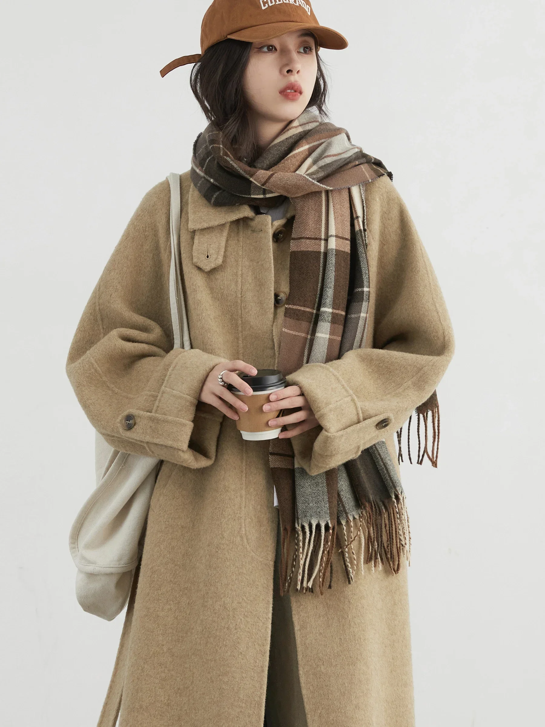 CHIC VEN Fashion Women Long Woolen Coat Solid Loose Casual Single Breasted Double-sided Ladies Overcoat Belt Autumn Winter 2024