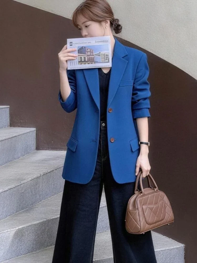 Blazer Azul Klein para Mujer 2026, Chaqueta Versátil de Corte Holgado, Elegante y Casual para Primavera y Otoño, Ropa de Trabajo, Prenda Exterior