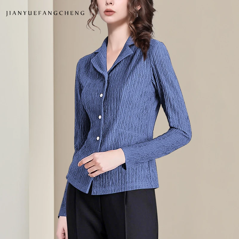 

Womens Long Sleeve Lapel Collar Button-down Blouse Shirt Elegant Slim Vintage Pleated Stretching Skinny Top