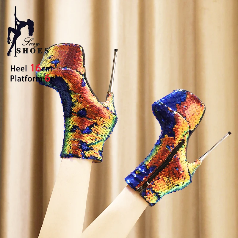 

Nightclub Platform Short Boots Women Sequined Ankle Boots 2025 Autumn Winter Shoes Shine Pole Dance Botas Side Zip Stiletto Heel