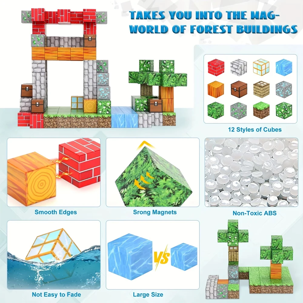 102PCS Magnetic Building Blocks Mine แม่เหล็ก World ชุดของเล่น Montessori ซ้อนก้อนชุดก่อสร้างคริสต์มาสของขวัญ