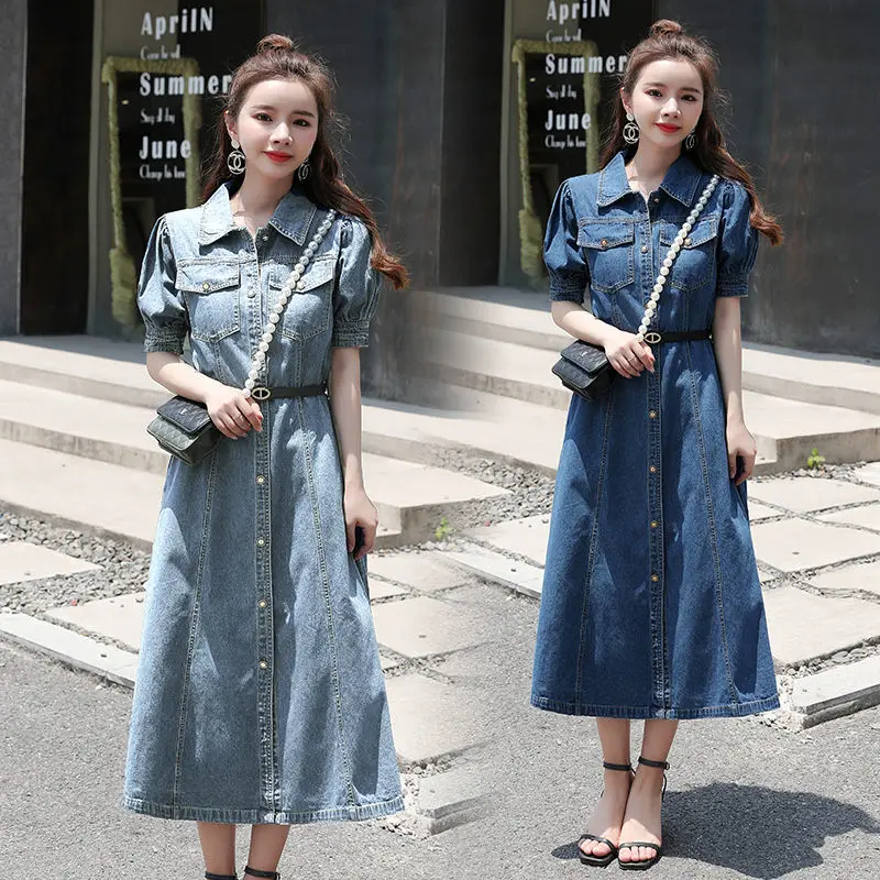 

2024 Polo Neck Knee-Length Denim A-LINE Skirts Autumn New Short Sleeve Cotton Dress Single Breasted Design Female Dress D149