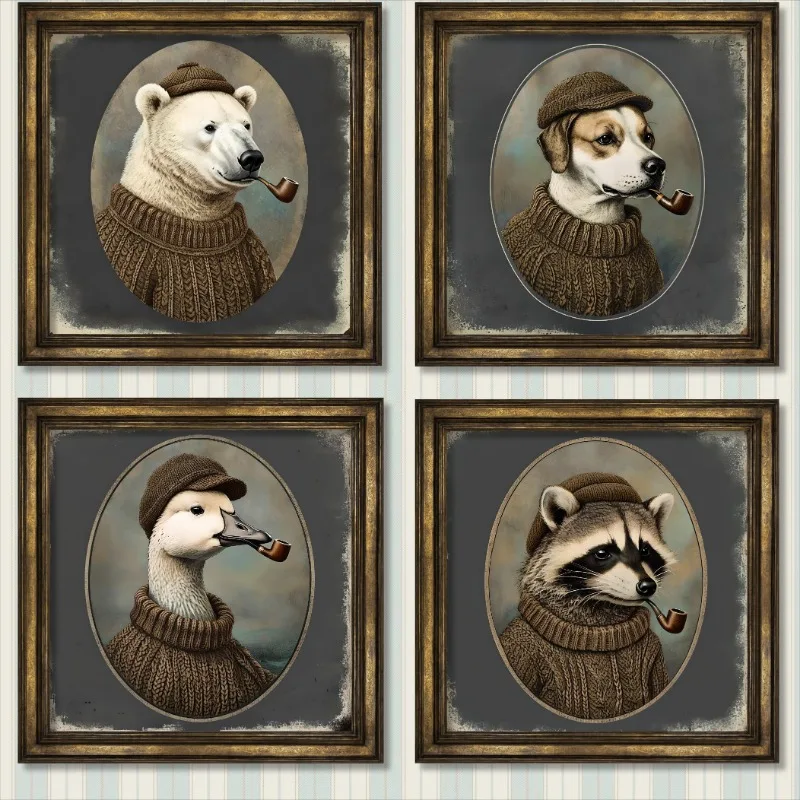 خمر بحري الساحلية نمط الحيوان الكلاب الراكون الدب التدخين ملصق فني حائط لوح رسم يطبع صورة غرفة ديكور المنزل #1