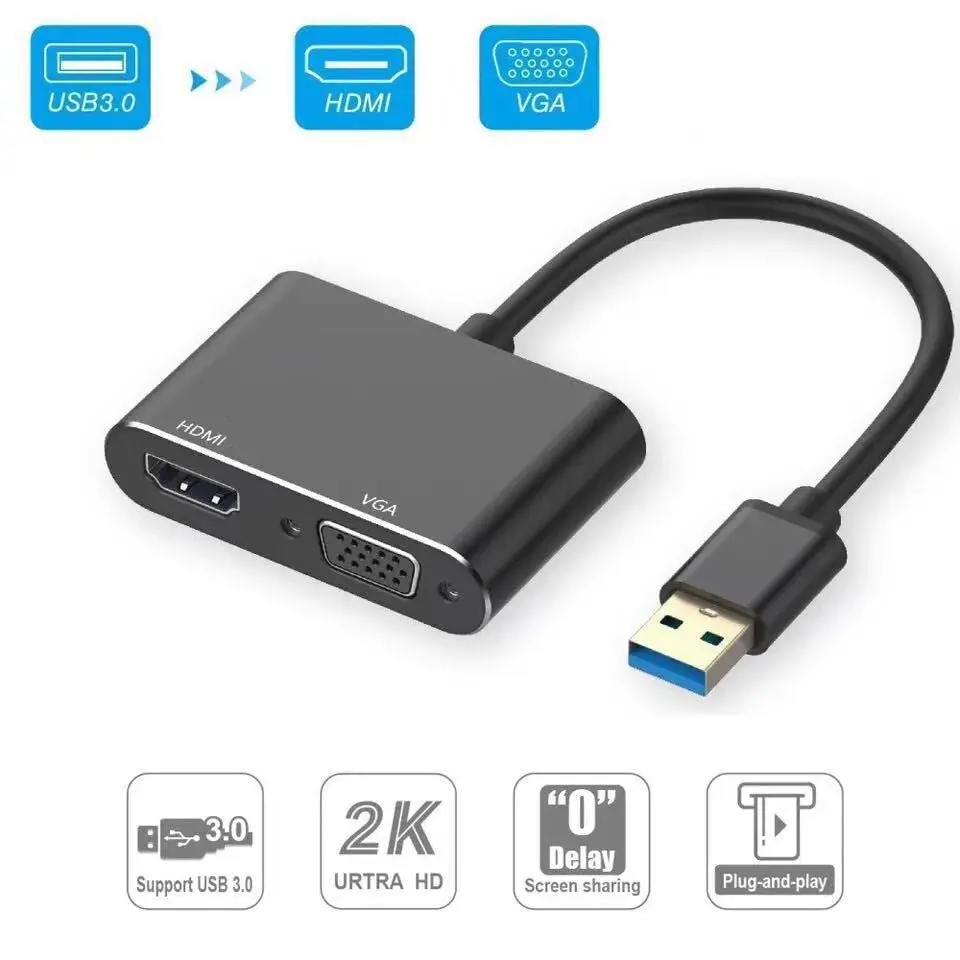 Adapter 2 w 1 USB 3.0 na HDMI VGA Konwerter 1080P HD bez sterowników dla Windows 11 10 8 7 XP Mac OS Przedłużacz ekranu Kabel HDMI VGA