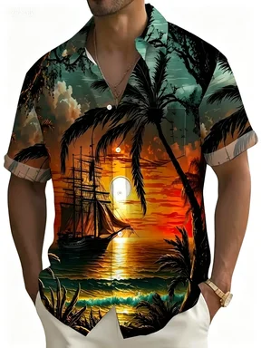 Retro Vacation Style Sailboat Themed Shirt Summer Breathable Quick Drying Beach Casual Top
