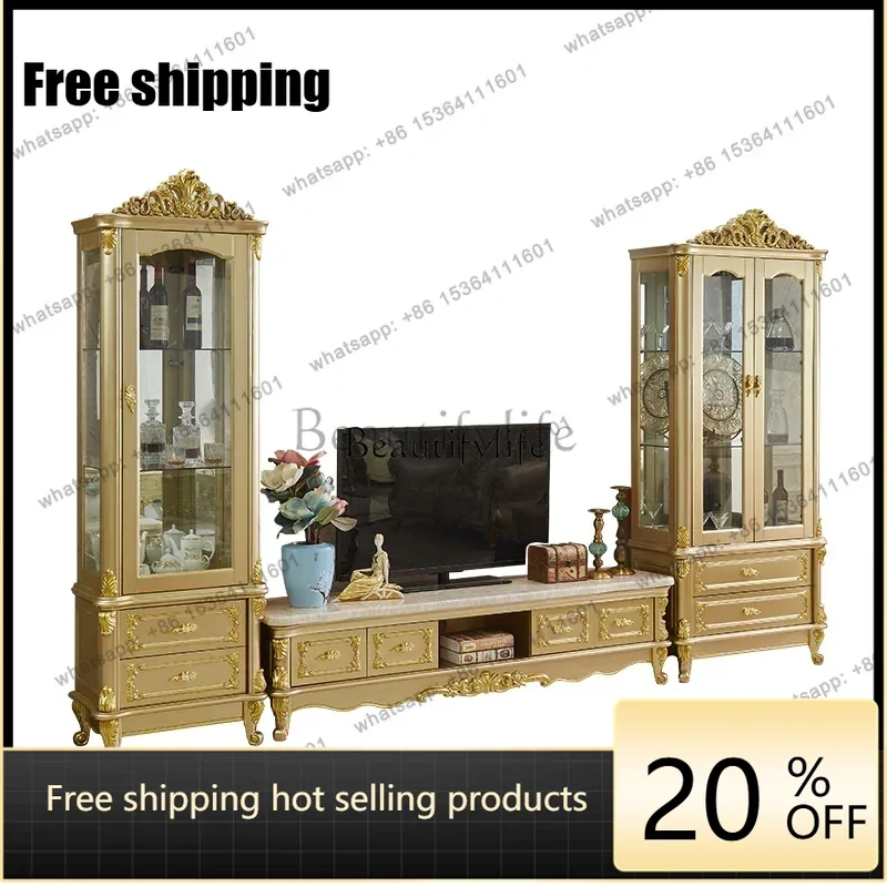 Factory Direct European solid wood wine cabinet American light luxury solid wood double door carved decorative cabinet