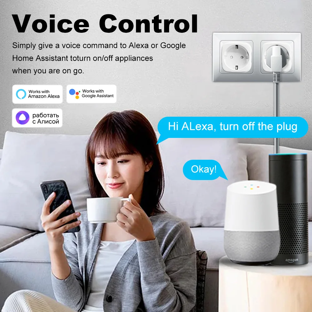 Tuya WiFi & Bluetooth Smart Socket 20A EU Plug With Power Monitoring Timing Function Voice Control work With Alexa Google Home