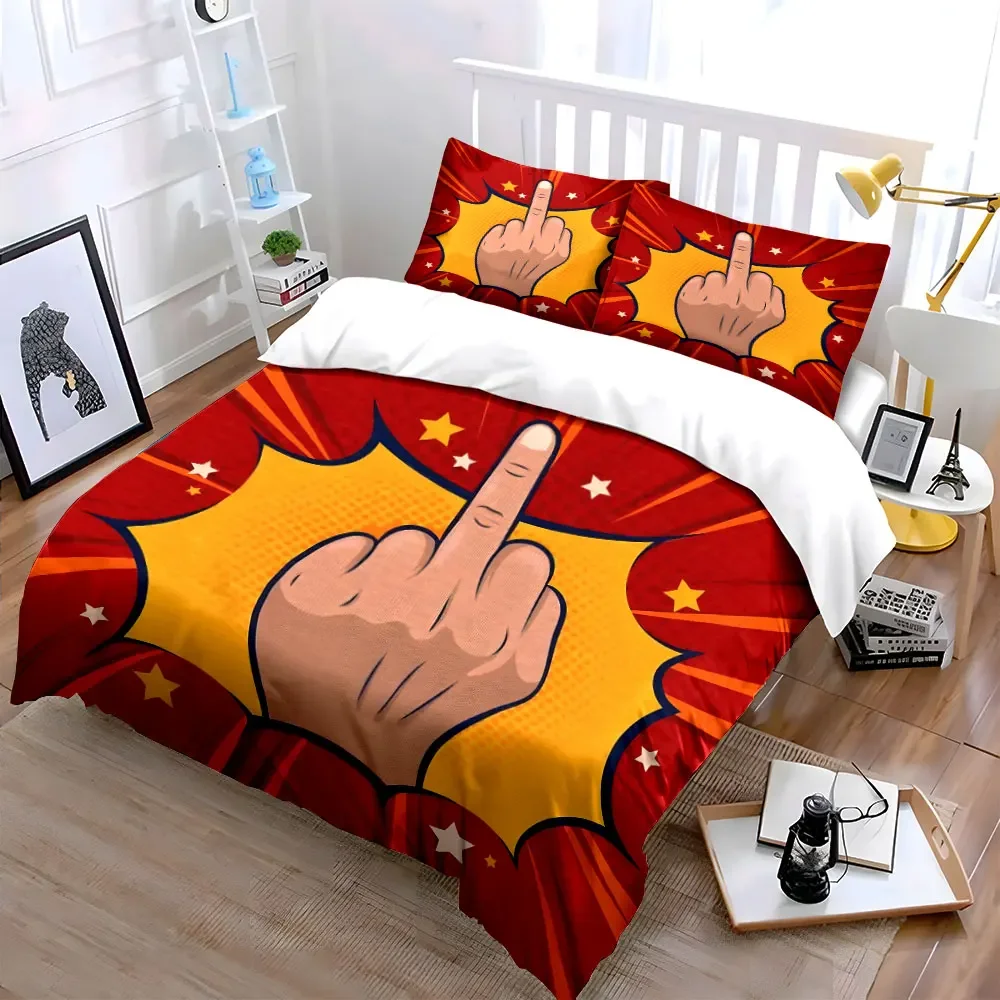 3Pcs Middle Finger Bedding Set, Pop Art Comic Style Hand Gesture Print Duvet Cover + 2 Pillowcases, Sassy Funny Decor
