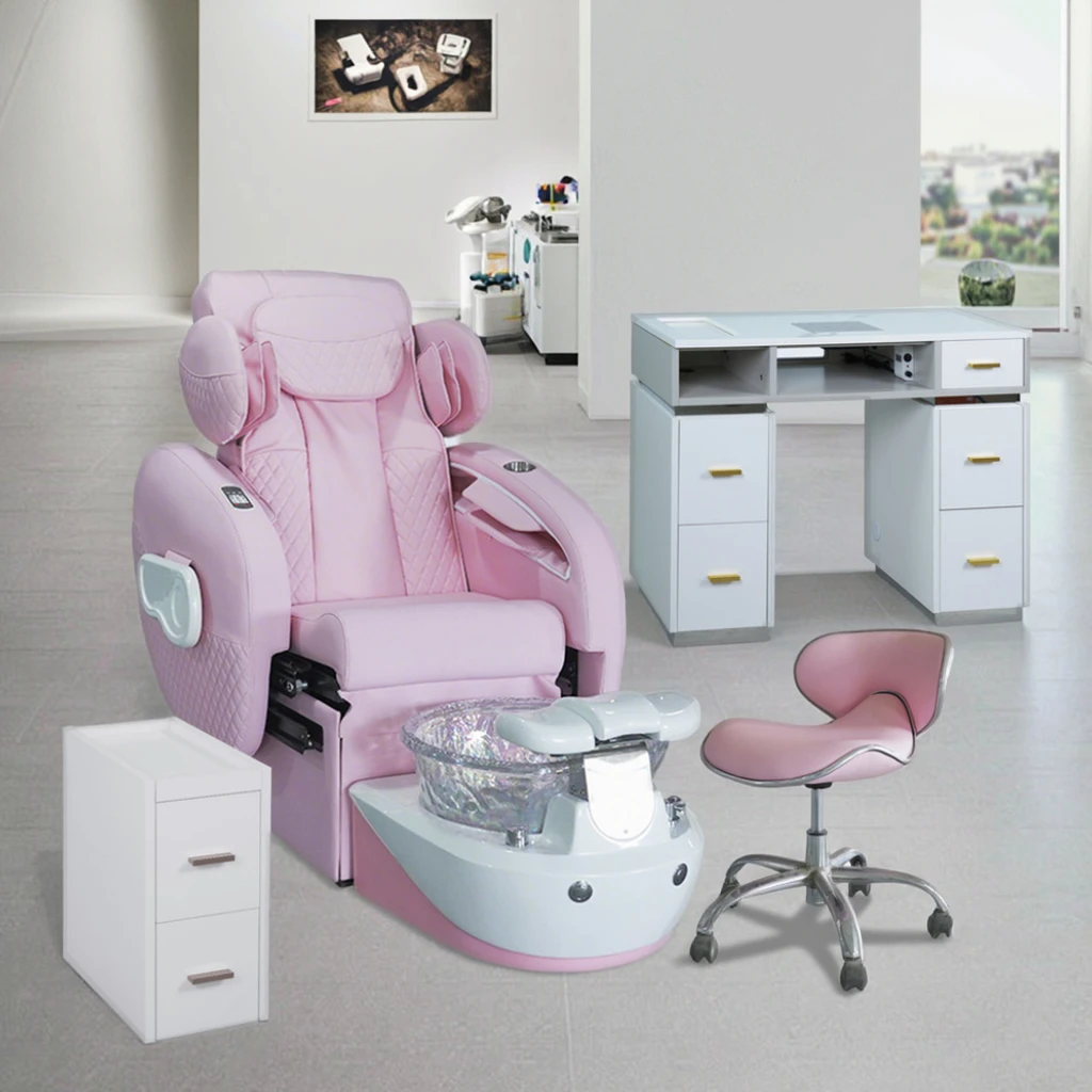 Modern Luxury Beauty Salon Furniture Reclining Pink Pedicure Chair Nail Artist Manicure Table For Sale
