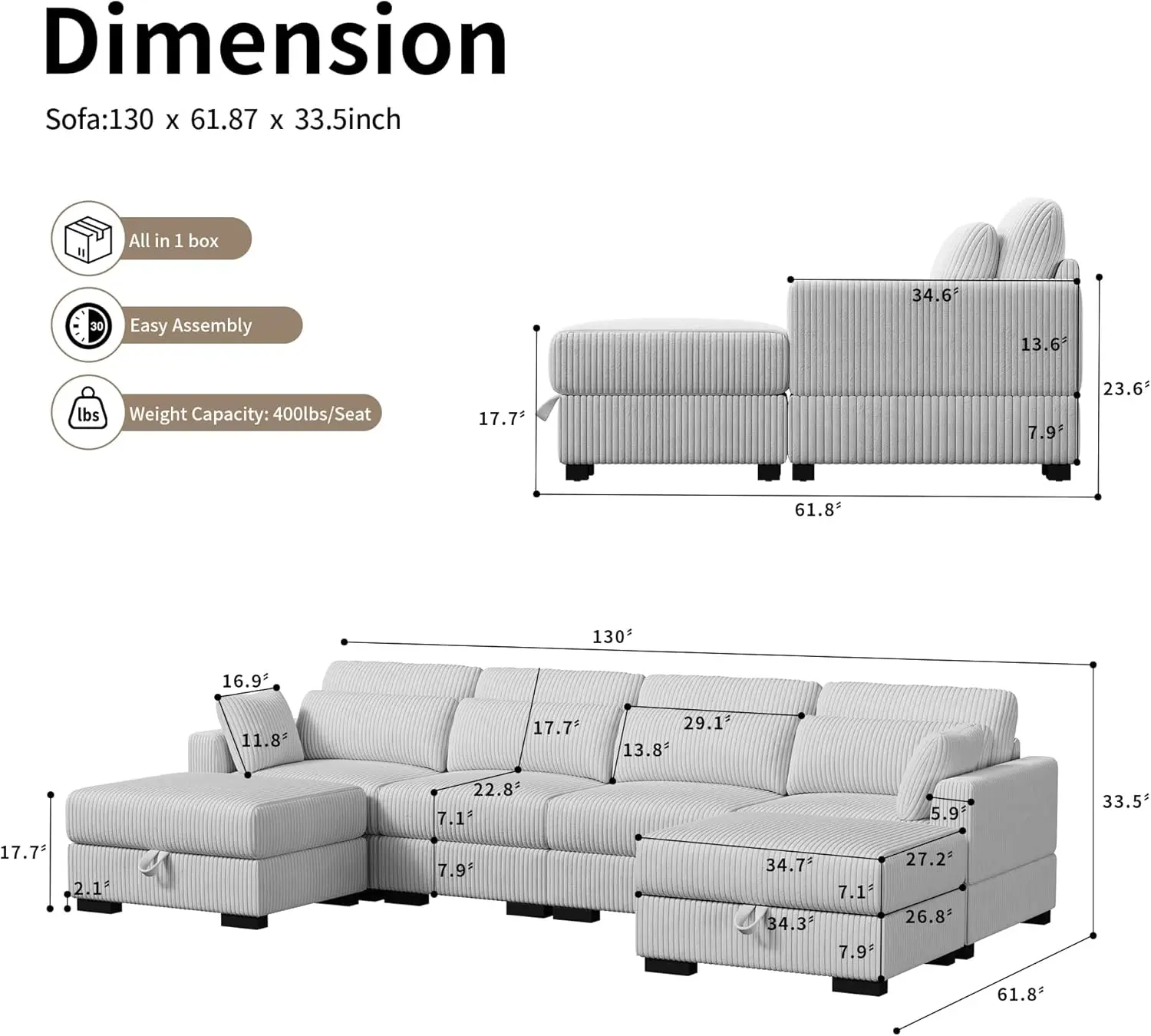 Corduroy Sofa Couch with  Pillows, Seat Convertible U Shaped Sofa Couch with Storage and Chaise for small Apartments