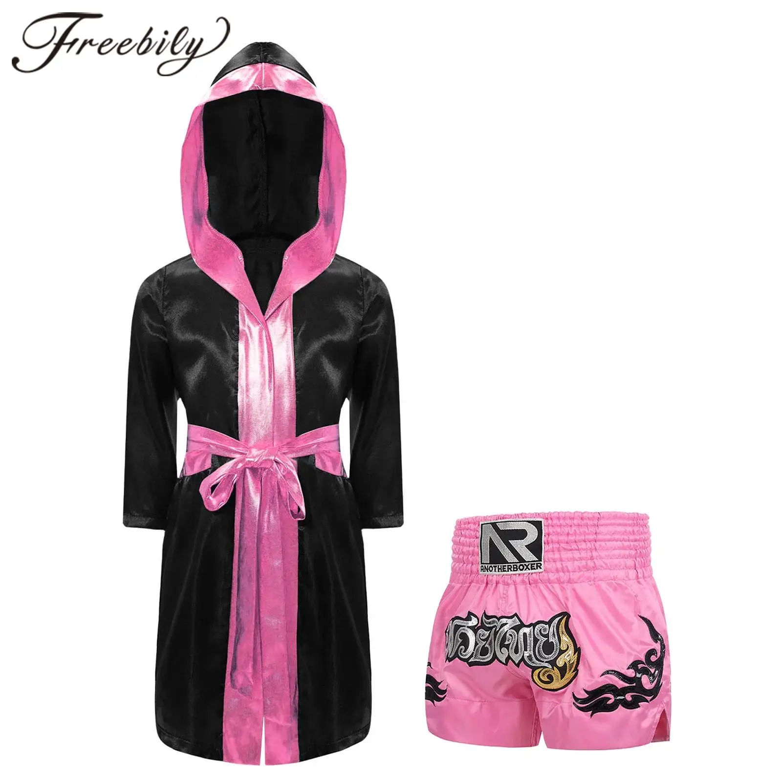 Kids Boys Boxing Robes Muay Thai Clothes Bjj Outfit Metallic Trim Satin Belted Hooded Cloak with Shorts Martial Arts Sanda Tops